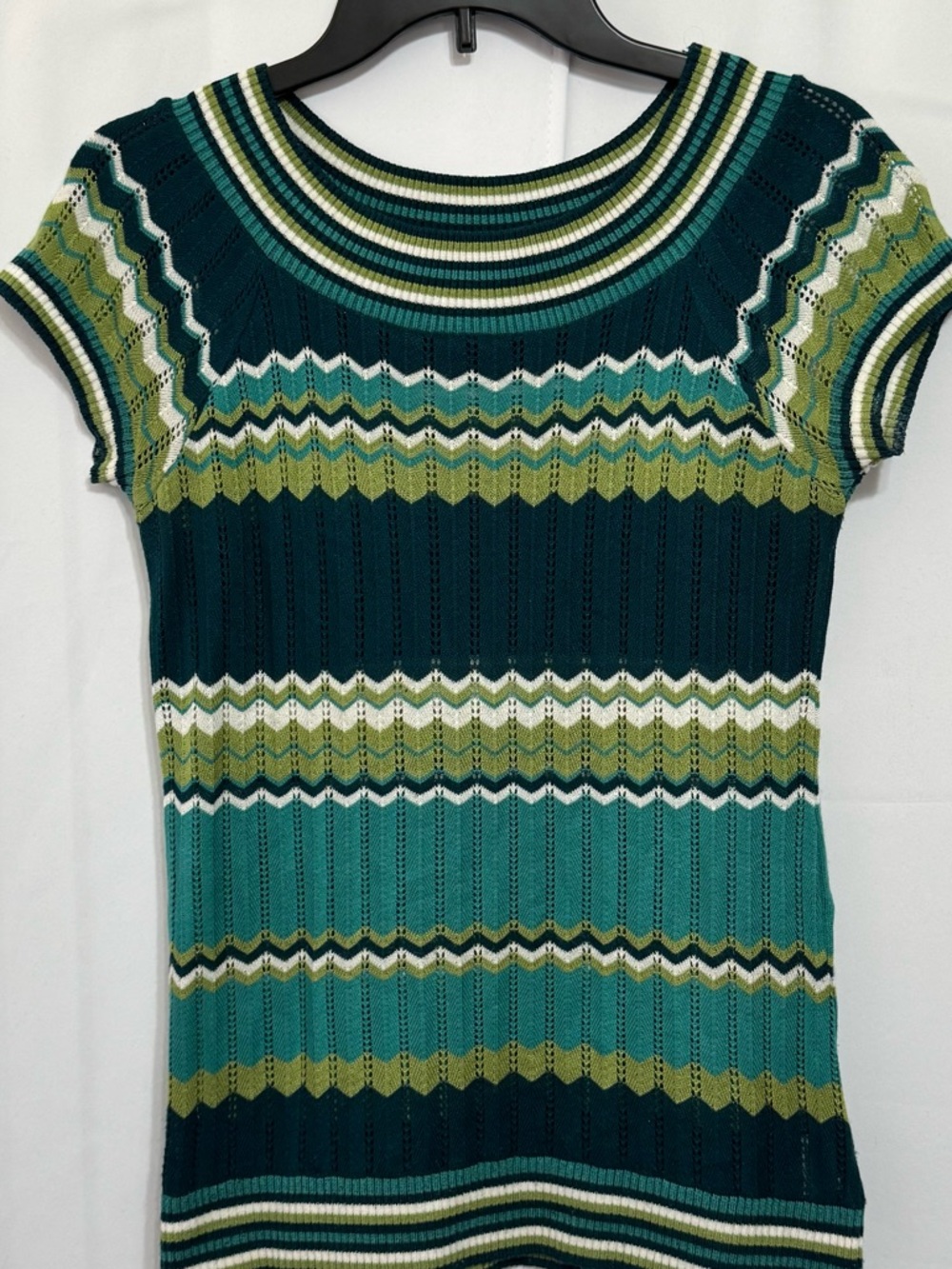 AB Studio Chevron Pointelle Knit Top Medium Teal Green Striped Retro lightweight